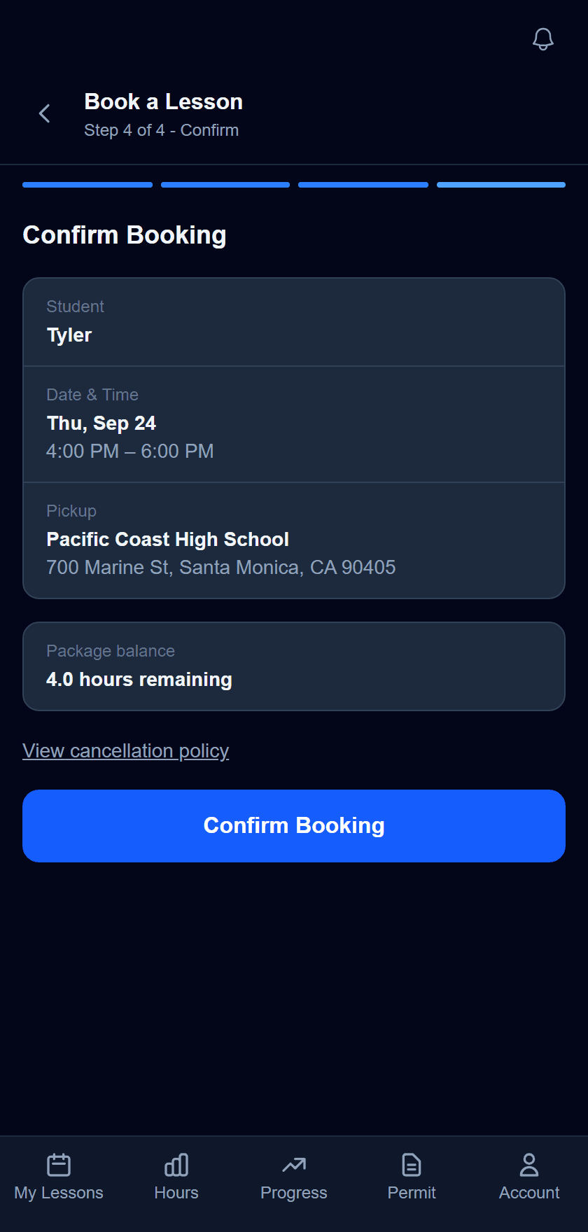 A parent booking a Thursday 4:00 PM lesson from a phone.
