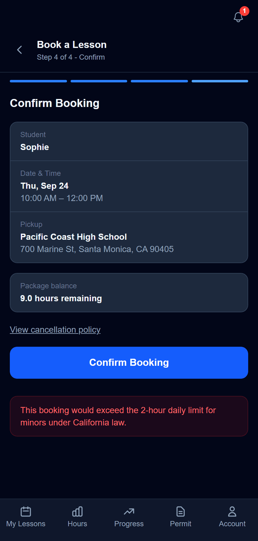 The booking confirm step refusing a second lesson the same day, because it would go over the daily behind-the-wheel limit the school's own state sets. The school pictured is in California, where that limit is two hours.