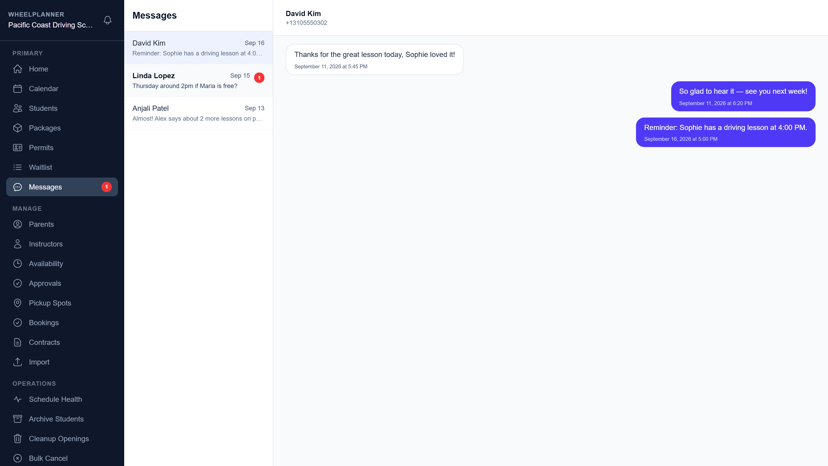 The Messages page showing the reminder text sent the day before a lesson.