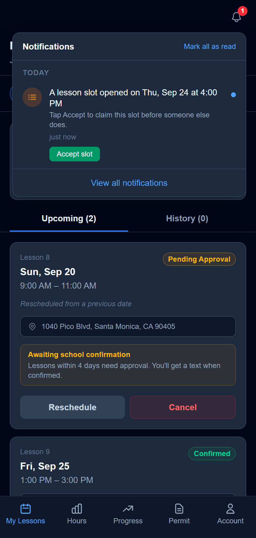 The parent’s notifications on a phone: a lesson slot opened on Thursday at 4:00 PM, with the Accept slot button.