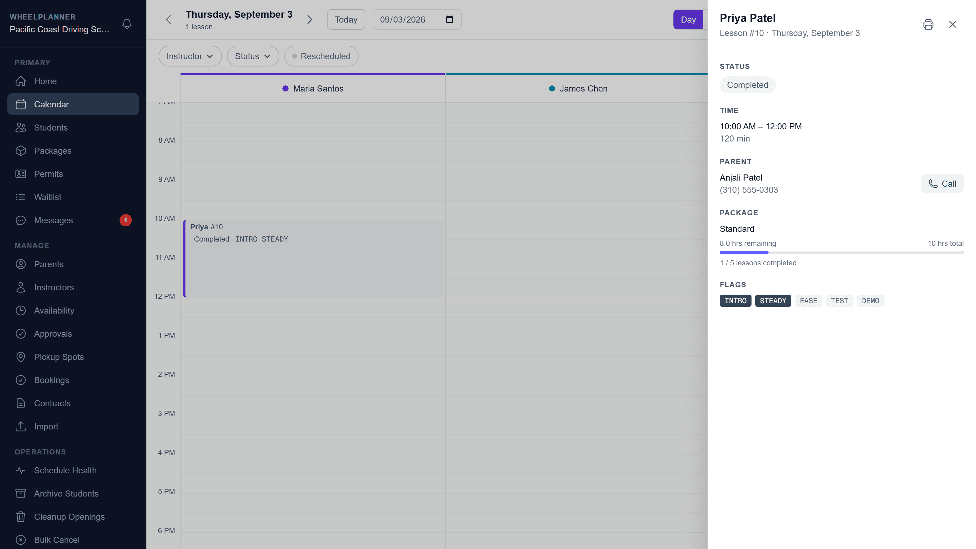 The lesson drawer on a completed lesson: status Completed, and the package bar showing hours remaining of the total.